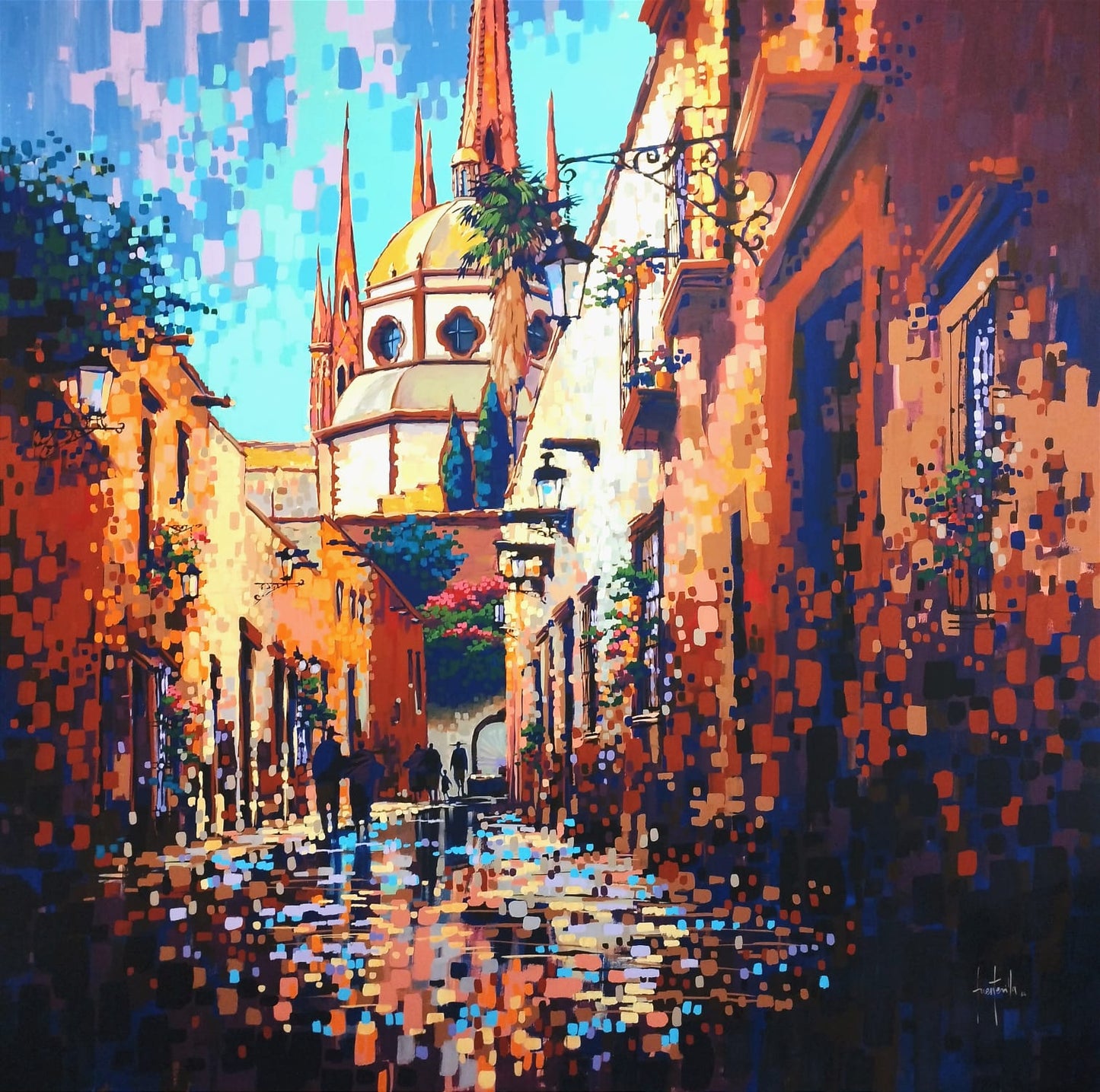 Pintura de una calle de San Miguel de Allende al atardecer con catedral y reflejos en adoquines, obra de Roberto Fuentavilla