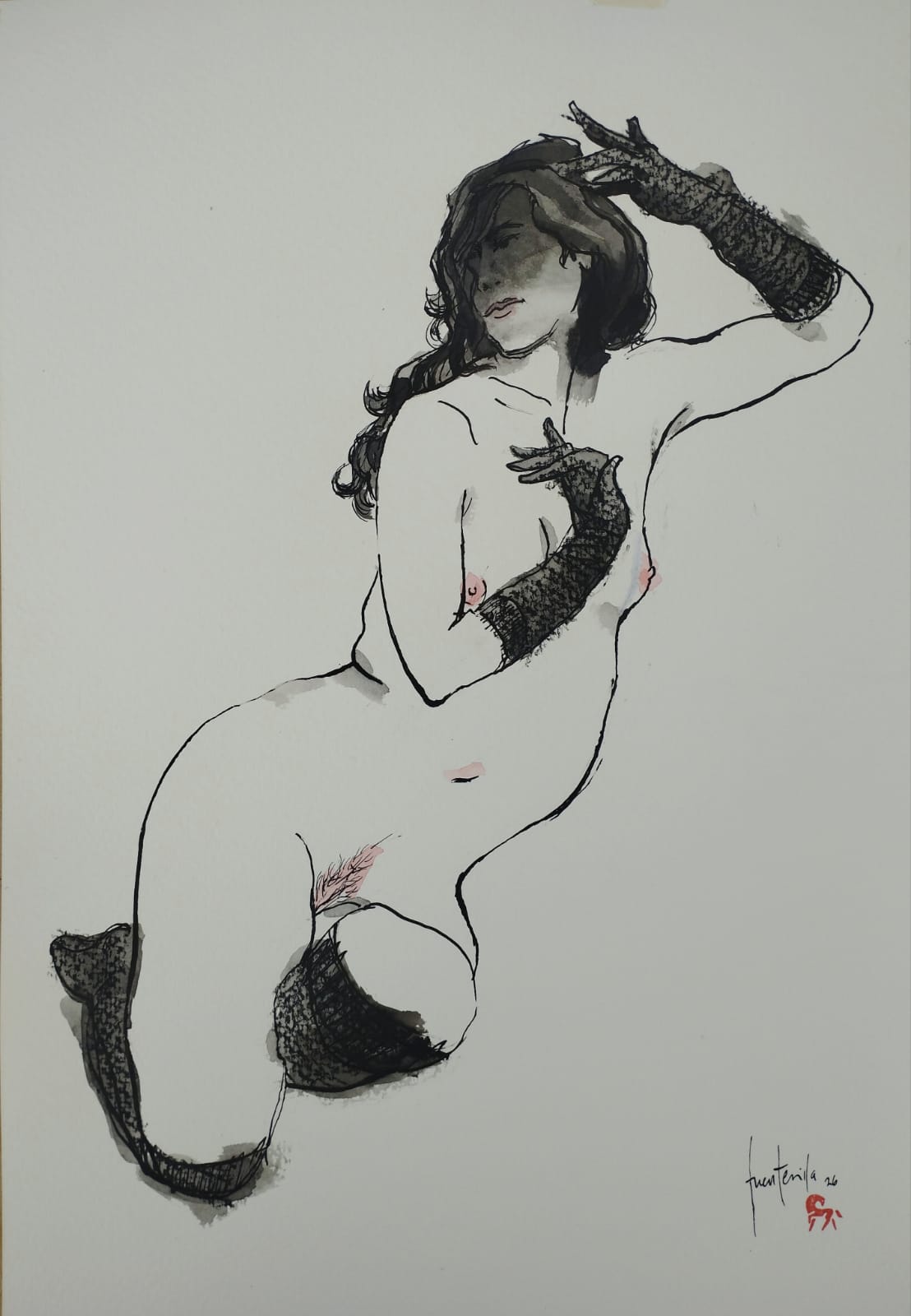 Dibujo de mujer desnuda reclinada con guantes y medias negras, obra de Roberto Fuentavilla