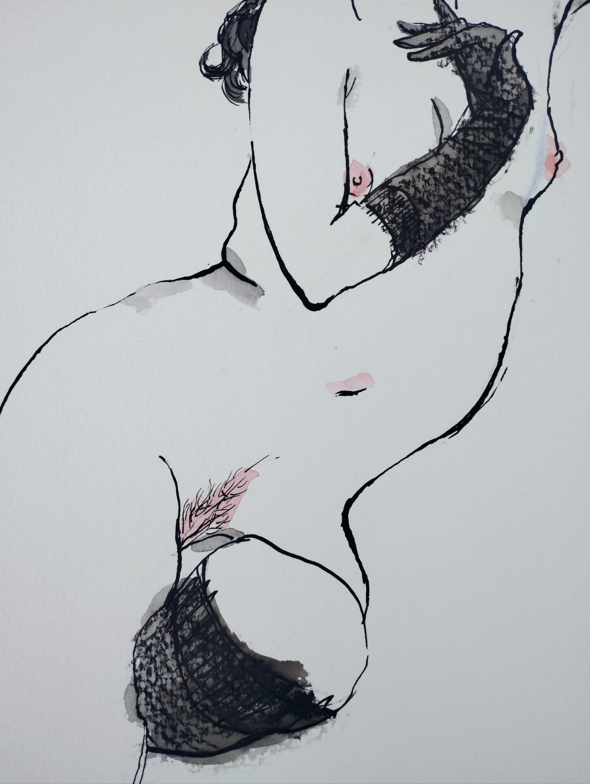 Detalle de mujer desnuda con guantes y medias negras en torso y brazos, obra de Roberto Fuentavilla